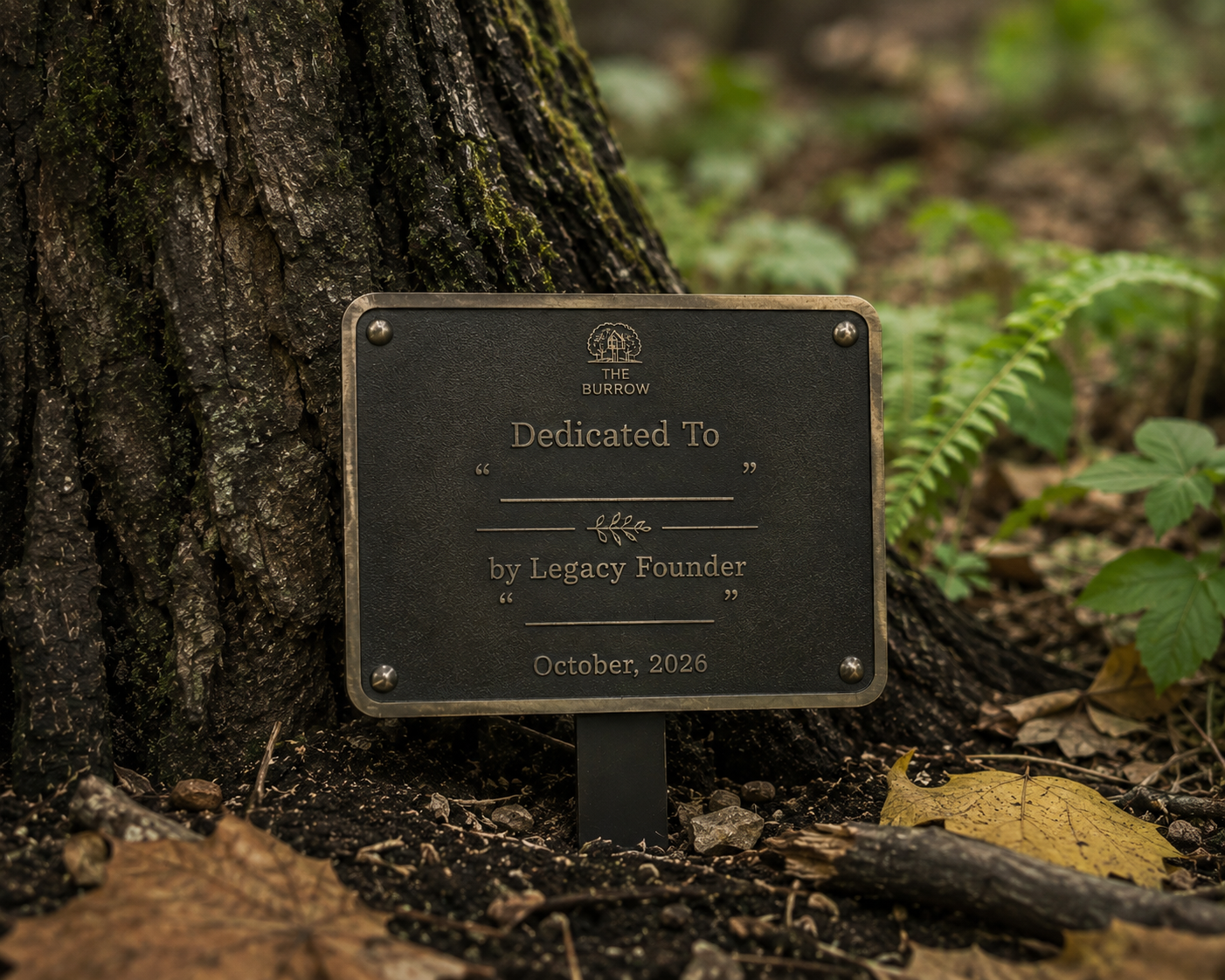 Bronze dedication placard at the base of a tree reading 'Dedicated To' and 'by Legacy Founder'