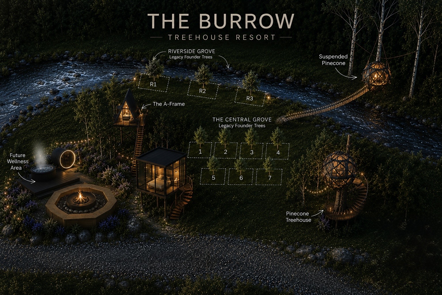 Illustrated night map of The Burrow Treehouse Resort showing the riverside grove and central grove legacy founder tree spots